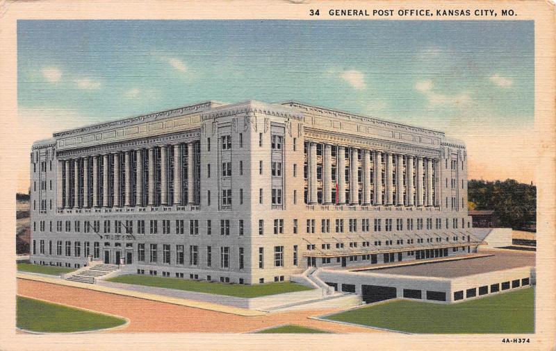 General Post Office, Kansas City, Missouri, Early Linen Postcard, unused