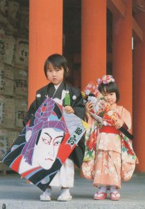 Japanese Children Family in New Years Day Fashion Costume Postcard