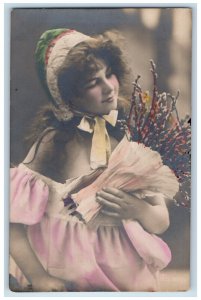 c1910's Easter Pretty Woman Pipe Berry Bundle Latvia Russia RPPC Photo Postcard