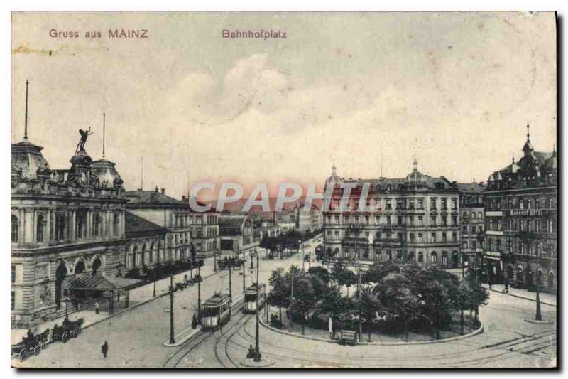 Old Postcard Gruss aus Mainz Bahnhofplatz