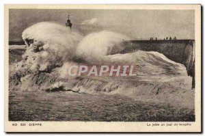 Old Postcard Dieppe The pier one day storm Lighthouse