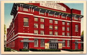 Greenville SC-South Carolina, Textile Hall Building Manufacturing Old Postcard