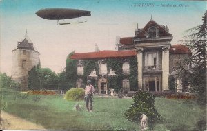 Airship, Suresnes France, Futuristic Fantasy, Man w Dogs, Mill, 1910, Zeppelin