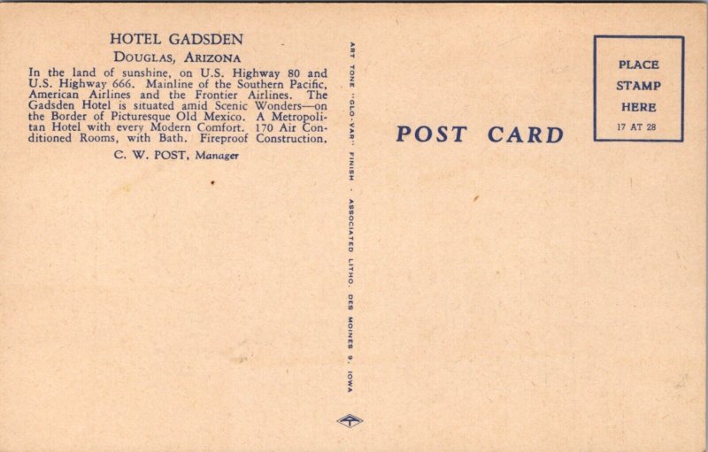 Linen Postcard Hotel Gadsden US Highway 80 and 666 in Douglas, Arizona