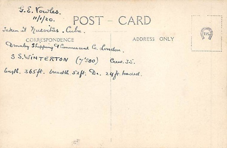 SS Winterton James Currie & Co. Real Photo Writing on back, missing stamp 