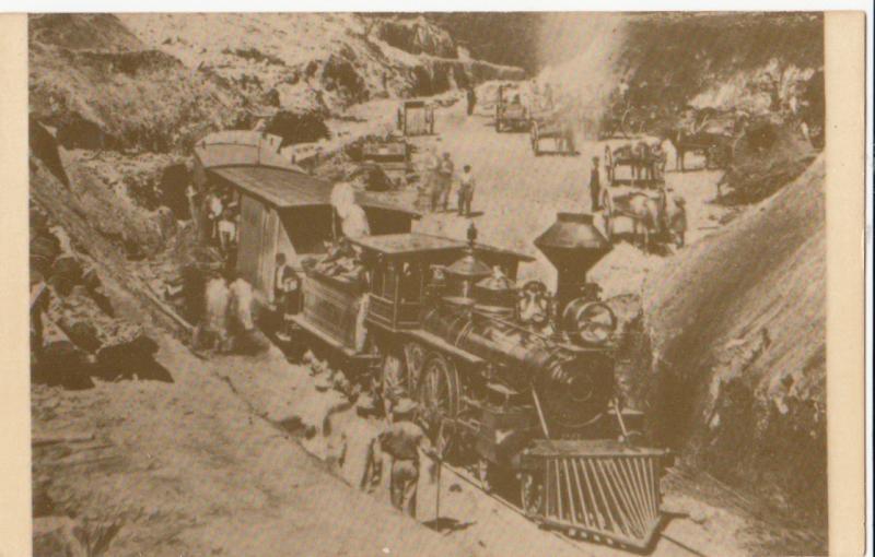 Train in Dixie Cut with construction workers, repro card of old photo,