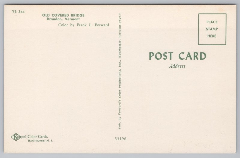 Brandon Vermont~Old Covered Bridge~Vintage Postcard