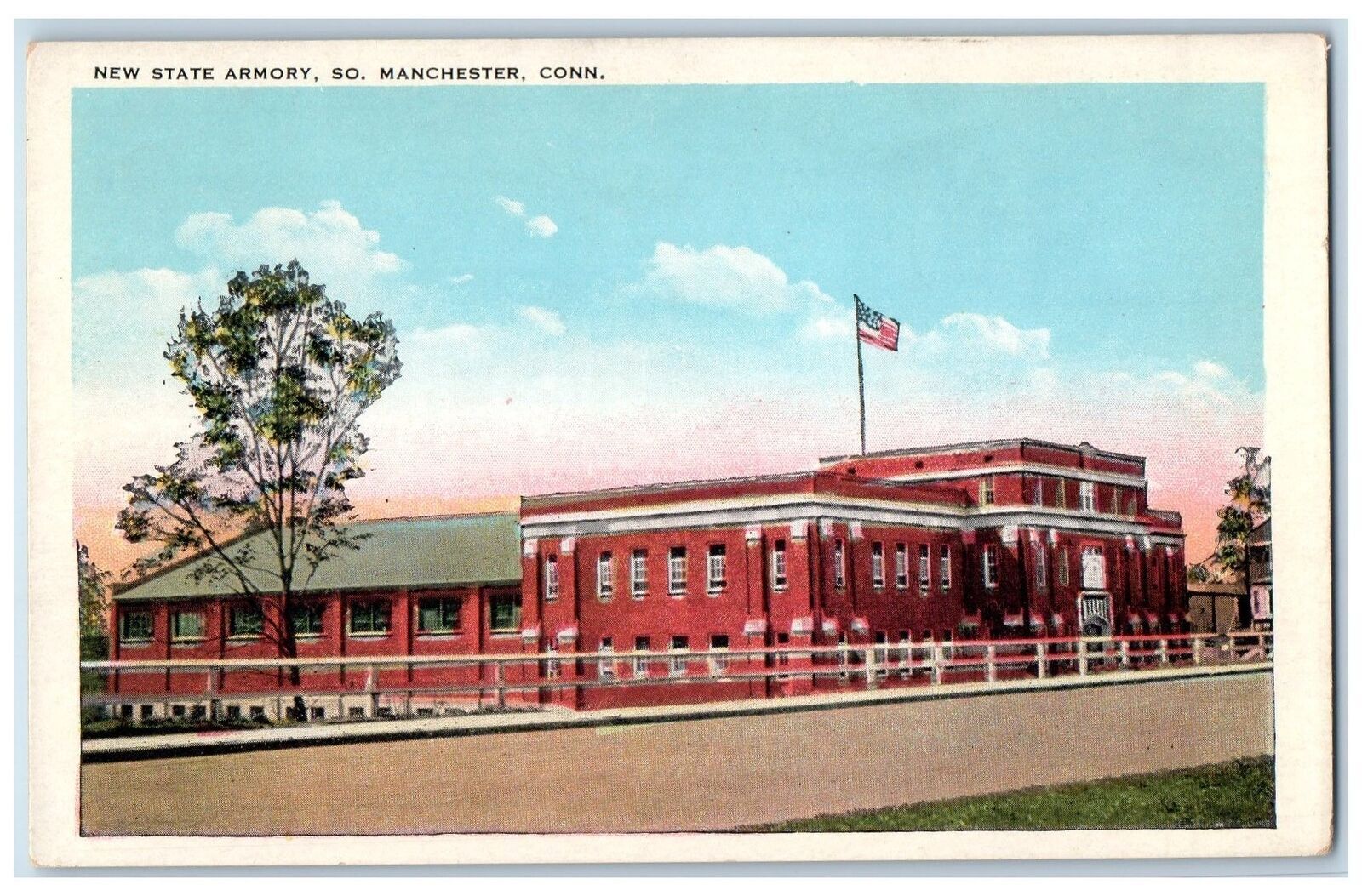 c1950's New State Armory Building Side View Flag South Manchester CT