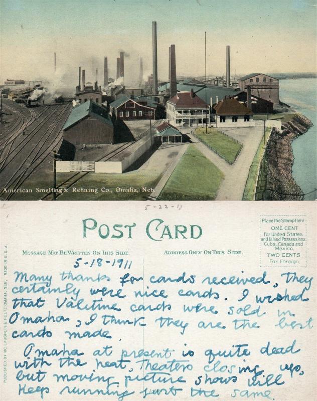 OMAHA NE AMERICAN SMELTING & REFINING CO. 1911 ANTIQUE POSTCARD