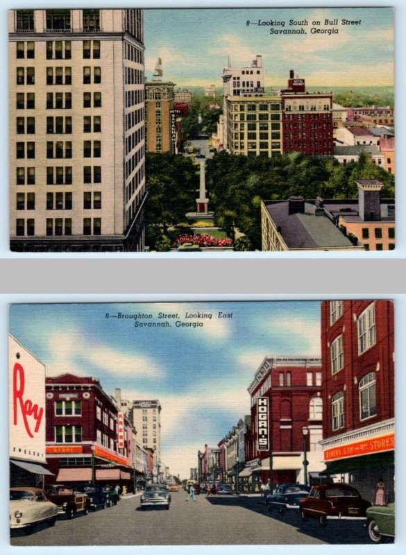 2 Postcards SAVANNAH, Georgia GA ~ BROUGHTON STREET & Bull Street Scenes 1950s