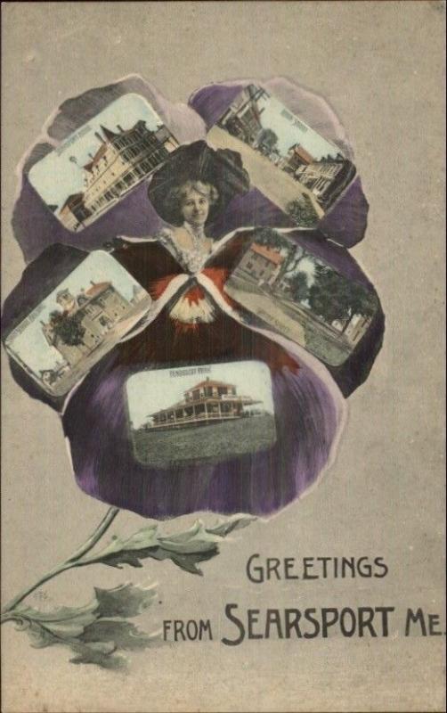 Searsport ME Multi-View Beautiful Woman/Flower Reichnor Bros c1910 Postcard
