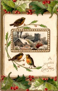 A Joyous Christmas - Snow Covered Cabin - Holly - Birds - Embossed - in 1910