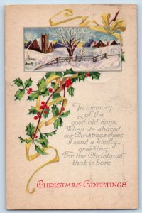 Christmas Postcard Greetings Holly Berries On Winter Scene Fertile MN 1924
