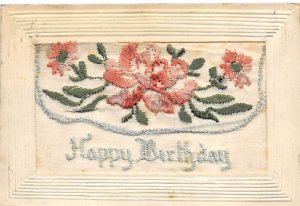 Happy Birthday Stitching Flowers Silk Embroidered Writing on Back 