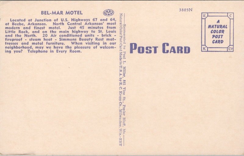 Bel-Mar Motel Beebe Arkansas Postcard PC498