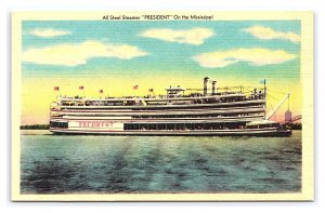 Postcard All Steel Steamer PRESIDENT On The Mississippi