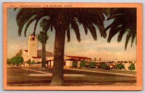 Los Angeles California~Union Train Station Street View~PM 1949~Linen Postcard