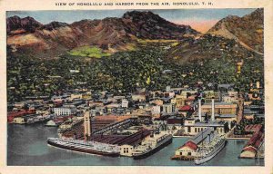 Panorama Honolulu Harbor Oahu Hawaii 1940s linen postcard