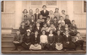 Children & Teacher Portrait In School Staircase Antique RPPC Photo Postcard