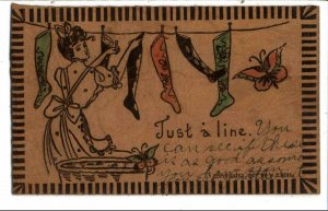 Leather Novelty Beautiful Woman Hanging Laundry c1905 Postcard