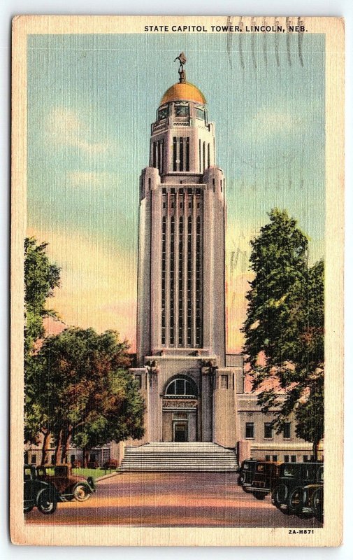 1940s LINCOLN NEBRASKA STATE CAPITOL TOWER VINTAGE AUTOS LINEN POSTCARD 46-123