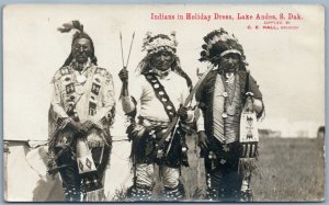 AMERICAN INDIANS IN HOLIDAY DRESS LAKE ANDES SD ANTIQUE REAL PHOTO POSTCARD RPPC