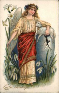 Easter Angel with Lamb Hatched from Egg Fantasy c1910 Vintage Postcard