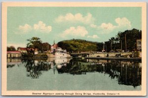 Postcard Huntsville Ontario 1930s Steamer Algonquin passing through Swing Bridge