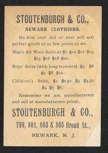 VICTORIAN TRADE CARD Stoutenburgh & Co Newark Clothiers