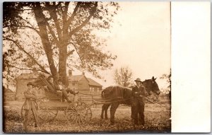 Group Of Men Horse-Drawn Wagon Drive RPPC Real Photo Postcard