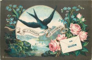 France Souvenir de Dijon swallow bird depose flowers fantasy vintage postcard 