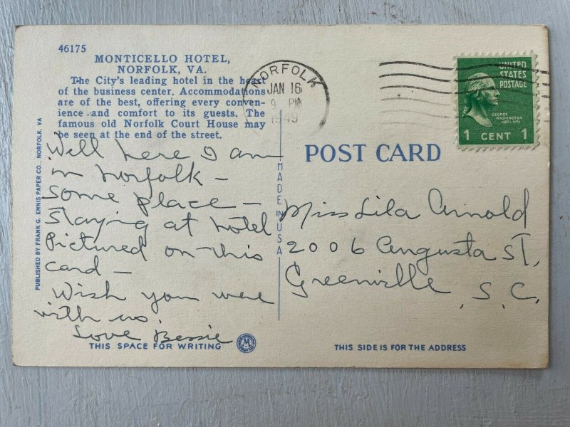 Vintage Postcard 1949 Monticello Hotel & Old Court House Norfolk Virginia