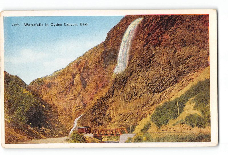 Ogden Canyon Utah UT Postcard 1915-1930 Waterfalls Railroad Train Bridge