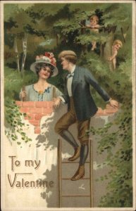 Valentine Cupids Watch Man and Woman Meet Over Garden Wall c1910 Postcard