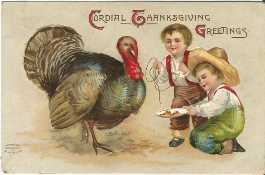 Two Little Boys Tricking a Turkey w/ Rope & Treats Vintage Postcard Thanksgiving