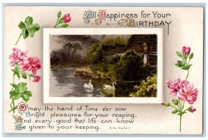 Birthday Postcard Message Ellis Walton Flowers Duck River Scene Winsch Back