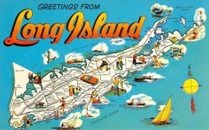 LONG ISLAND Map Large Letter Greetings New York c1950s Chrome Vintage Postcard