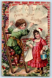 c1910's Children Writing Just A Line From Your Sister Flowers Embossed Postcard