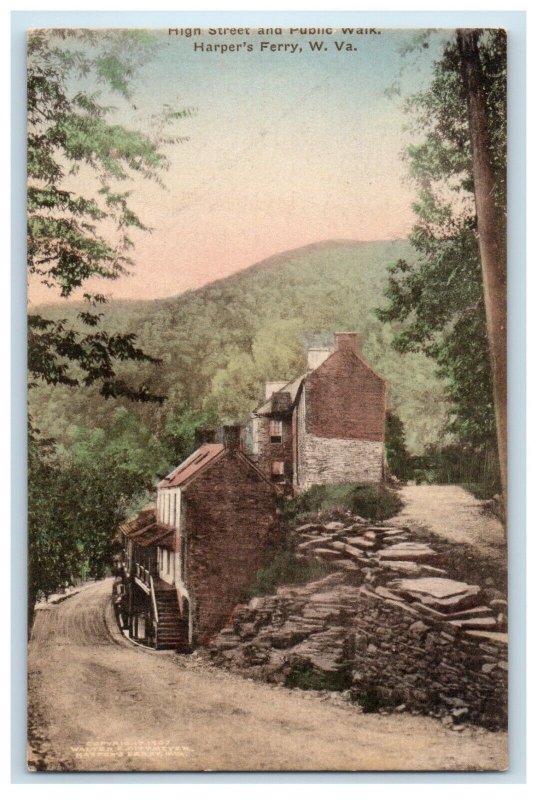 c1940's High Street And Public Walk Harper's Ferry WV Handcolored Postcard 