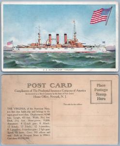 U.S. BATTLESHIP VIRGINIA ANTIQUE PC PRUDENTIAL INSURANCE NEWARK N.J. ADVERTISING