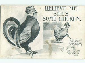 Pre-Linen Comic HUMANIZED ROOSTER AND CHICKEN IN CLOTHING AB9474