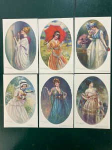 Bompard Beautiful Women Fan Parasol Makeup Flowers Series 907 Set of 6 Postcards