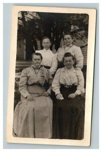 Vintage 1910's RPPC Postcard - Portrait 4 Sisters on the Farm - Farmhouse