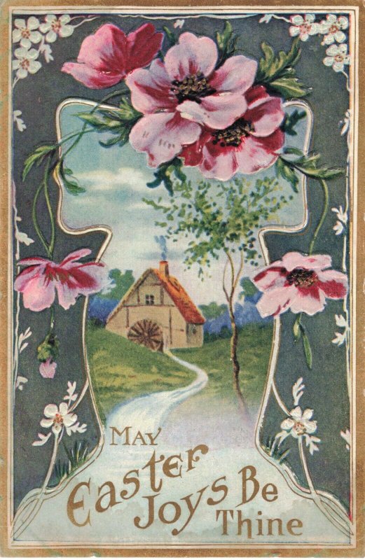 May Easter Joys Be Thine Embossed Postcard Water Wheel w/ Flowers