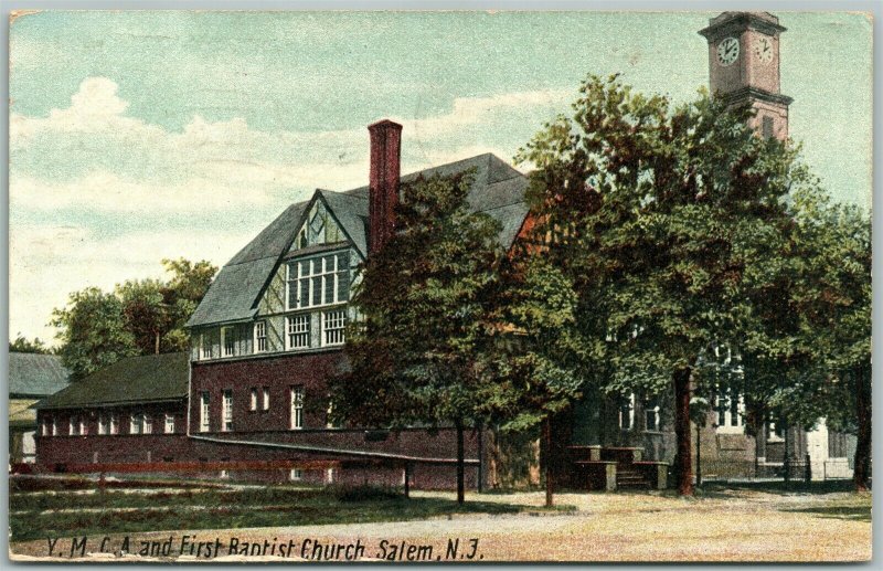 SALEM NJ YMCA & FIRST BAPTIST CHURCH 1908 ANTIQUE POSTCARD