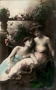 Greco Roman Art Nouveau Lesbian Women Risque Tinted RPPC 1906 Cancel PC