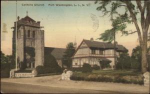 Port Washington Long Island NY Catholic Church Hand Colored c1930 Postcard