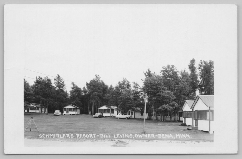 Bena Minnesota~Schmirlers Resort Cabins~Swingset~1940 Cars Woody~RPPC