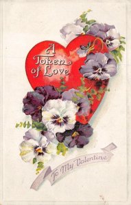 VALENTINE HOLIDAY TOKEN OF LOVE HEART FLOWERS EMBOSSED POSTCARD (c. 1909)