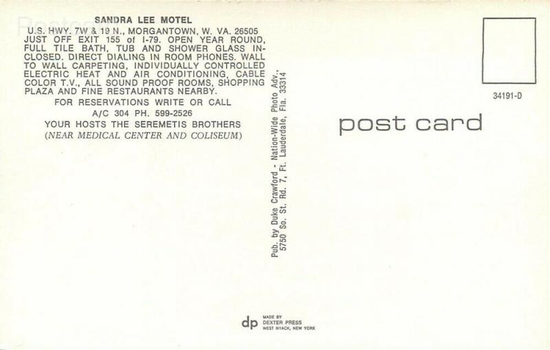 WV, Morgantown, West Virginia, Sandra Lee Motel, Dexter Press No. 34191-D